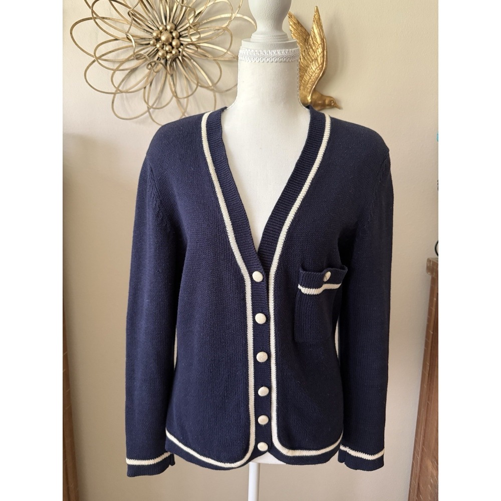 Vintage Evan Picone Cardigan Sweater Navy Cream Trim Buttons Preppy S